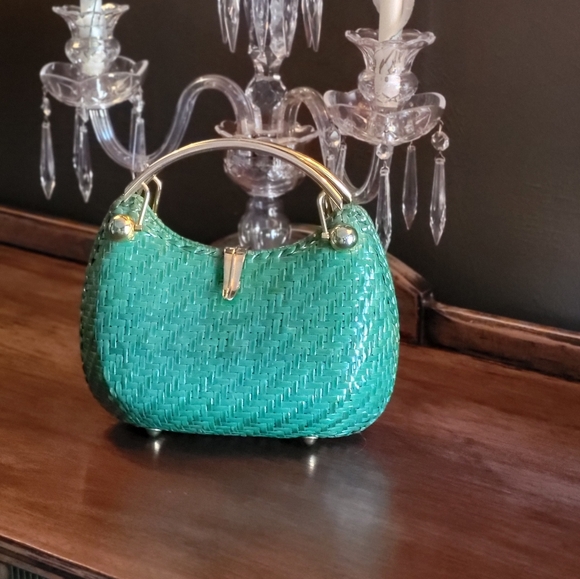 RODO vintage 70s green wicker crescent shaped handbag - Picture 2 of 11